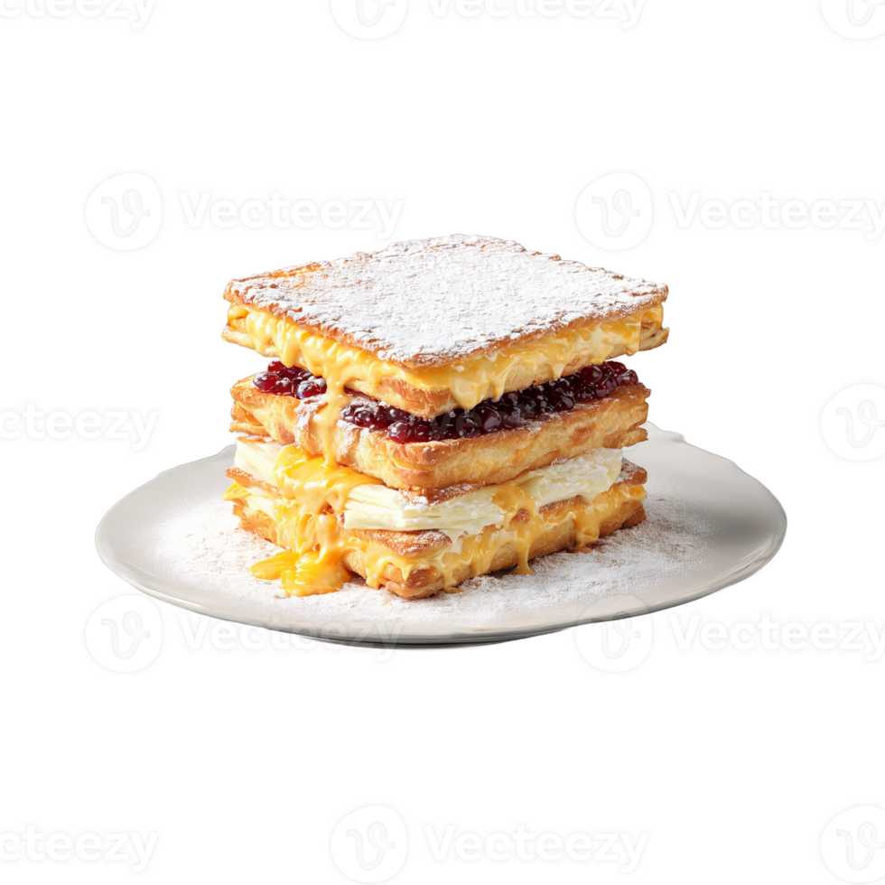 Monte cristo sandwich with powdered sugar jam melted cheese levitating Food and culinary concept png