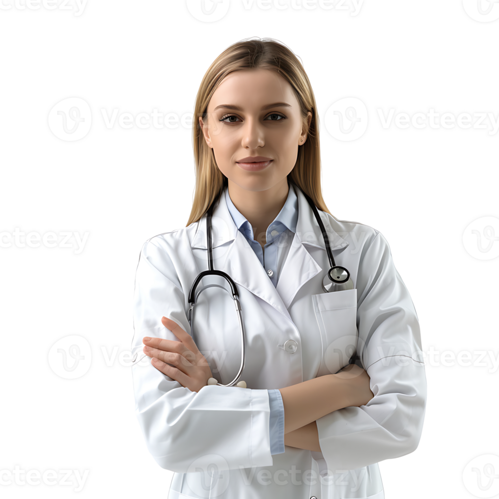 Doctor woman with stethoscope keeping the arms crossed on isolated transparent background png