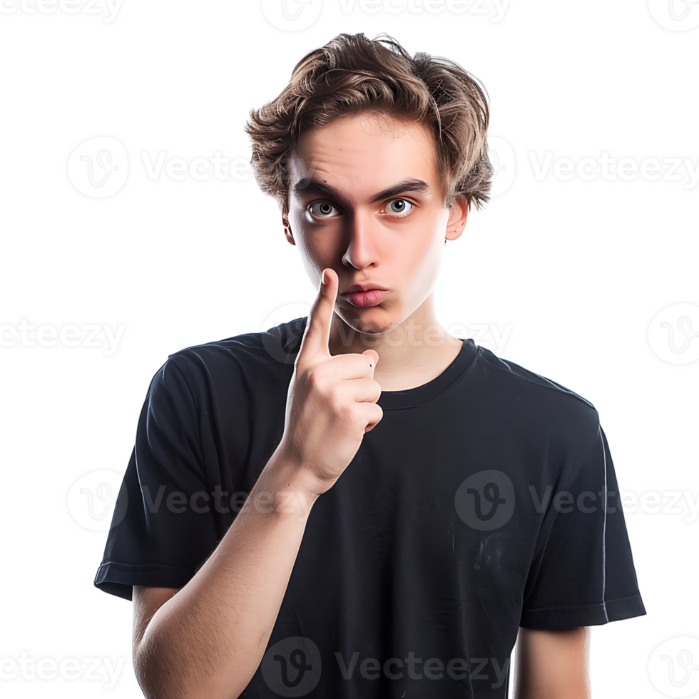 Angry young man asking for silence on isolated transparent background png