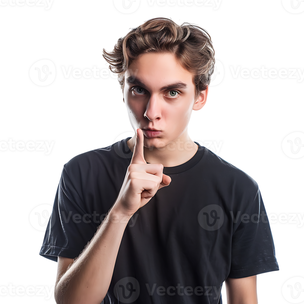 Angry young man asking for silence on isolated transparent background png