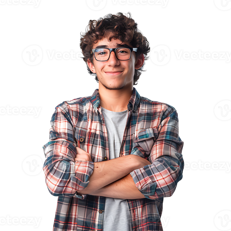 Satisfied young man with crossed arms gesture on isolated transparent background png