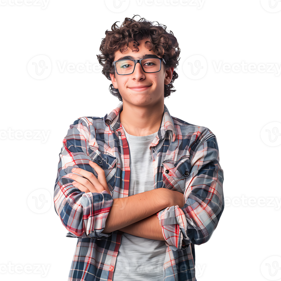 Satisfied young man with crossed arms gesture on isolated transparent background png