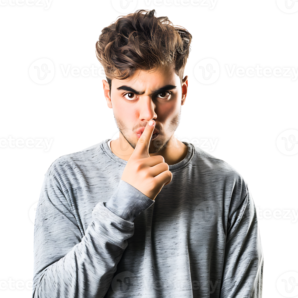 Angry young man asking for silence on isolated transparent background png