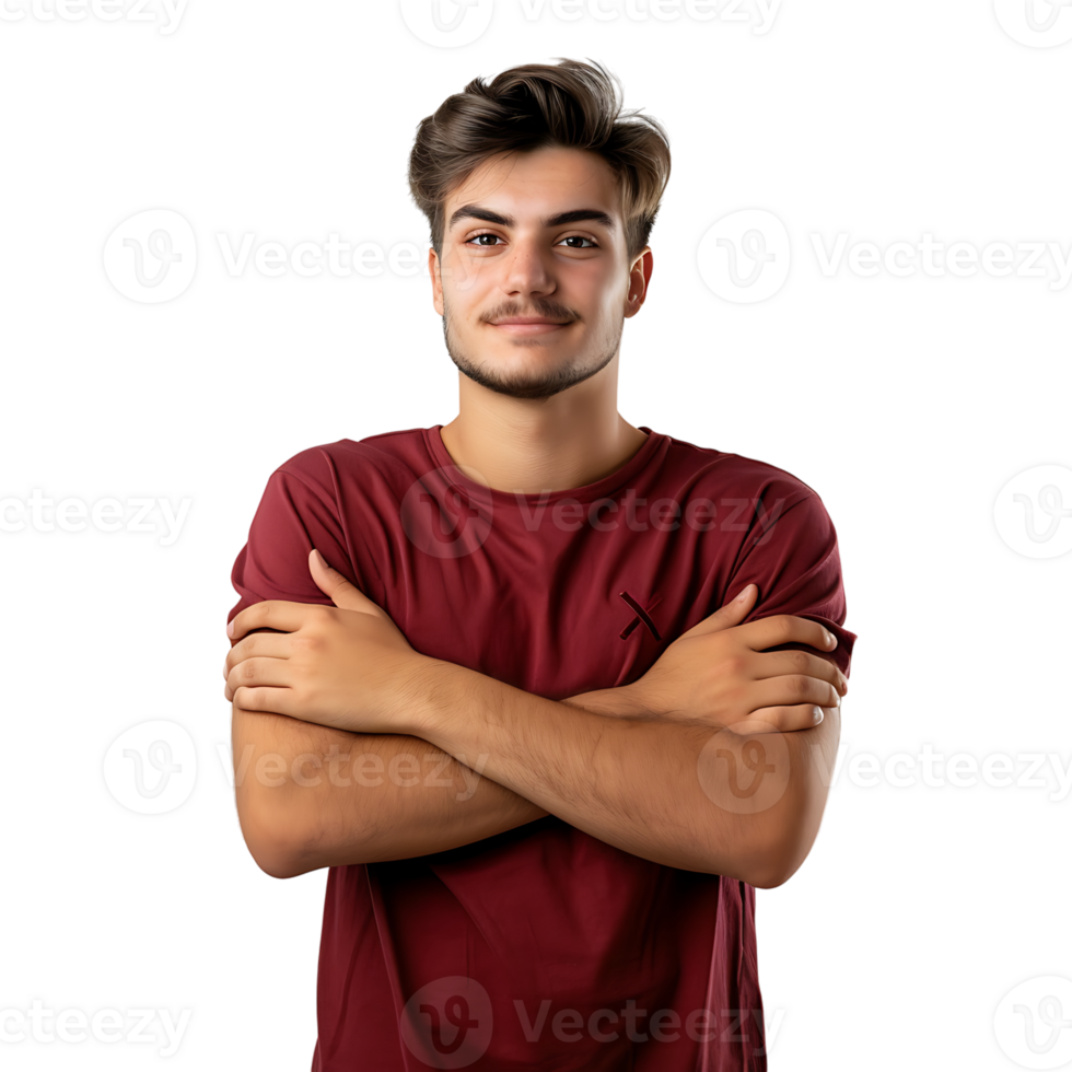 Satisfied young man with crossed arms gesture on isolated transparent background png