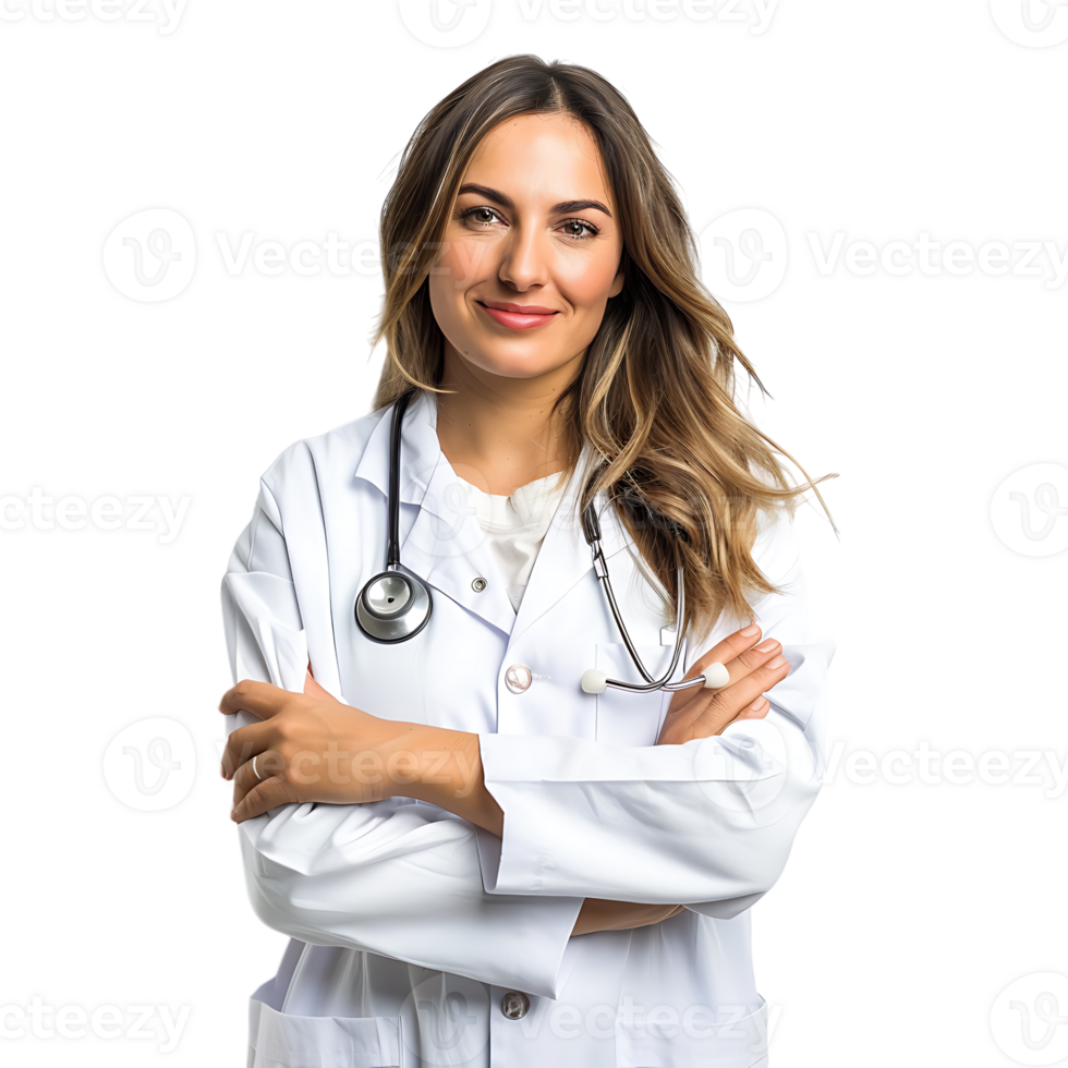 Doctor woman with stethoscope keeping the arms crossed on isolated transparent background png