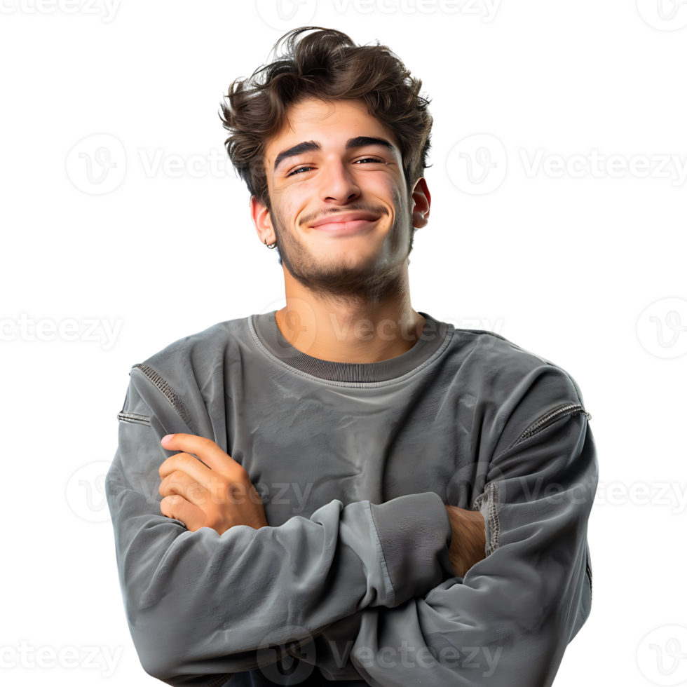 Satisfied young man with crossed arms gesture on isolated transparent background png