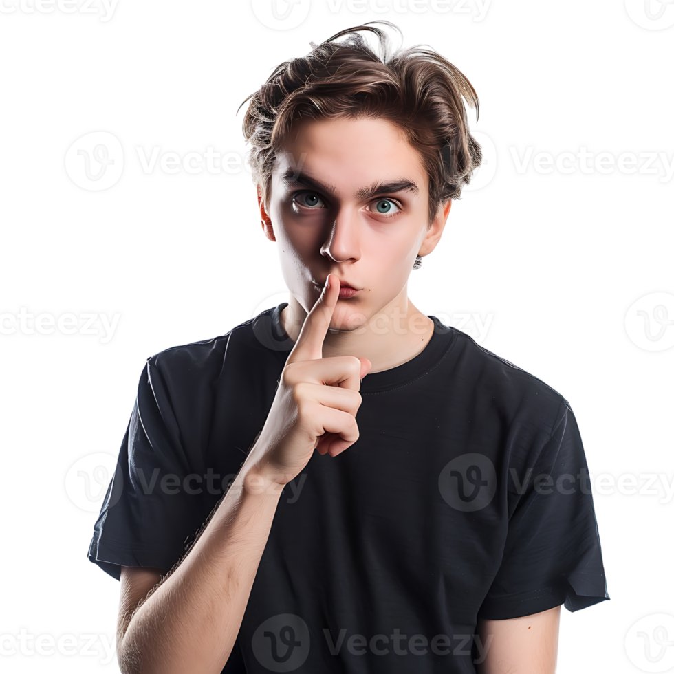 Angry young man asking for silence on isolated transparent background png