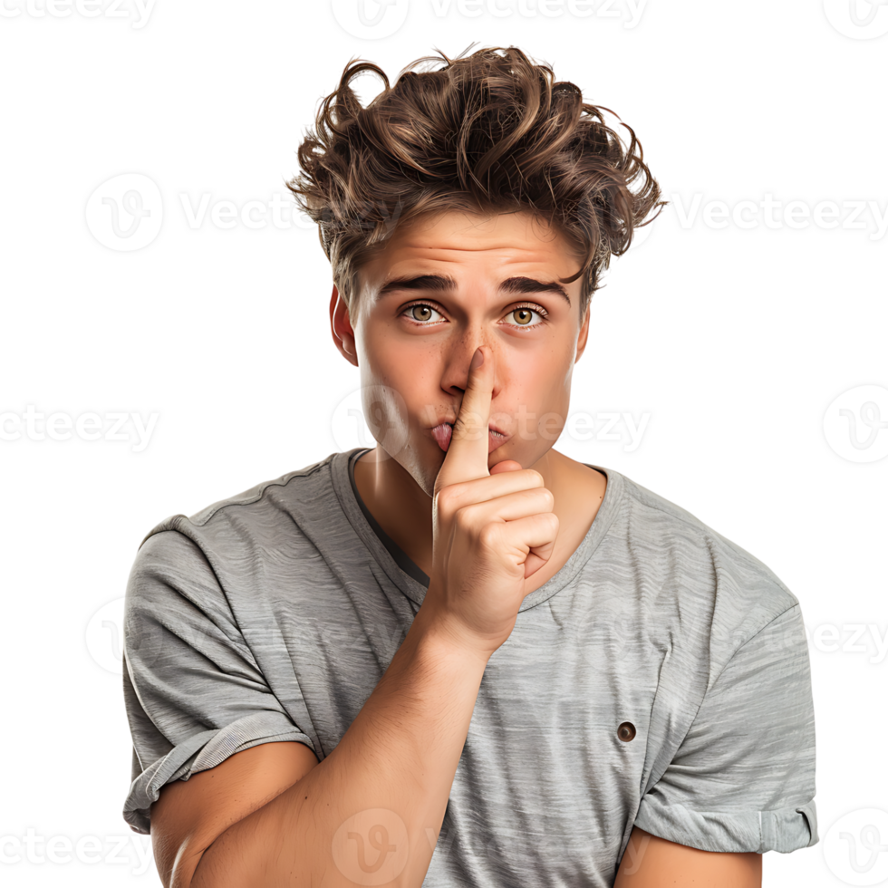 Angry young man asking for silence on isolated transparent background png