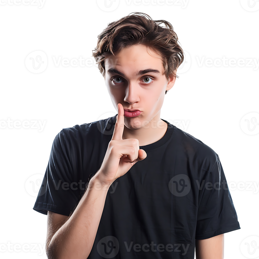Angry young man asking for silence on isolated transparent background png