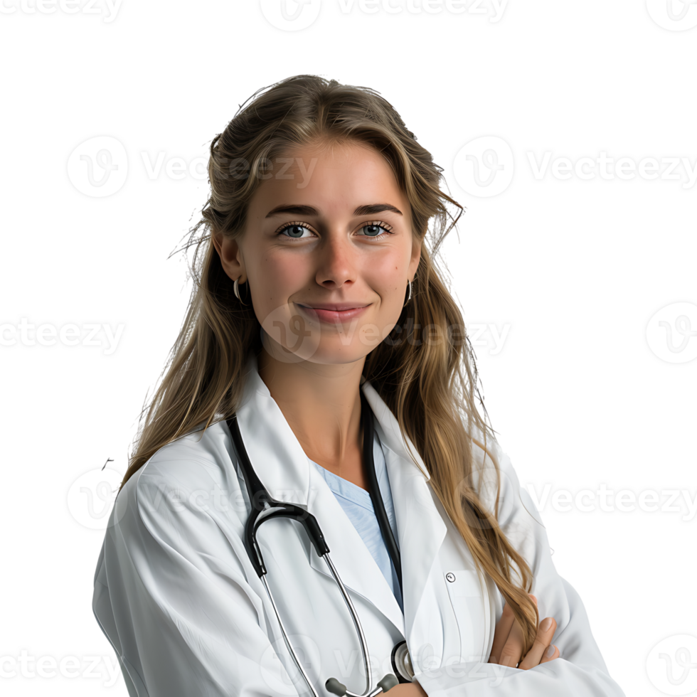 Doctor woman with stethoscope keeping the arms crossed on isolated transparent background png
