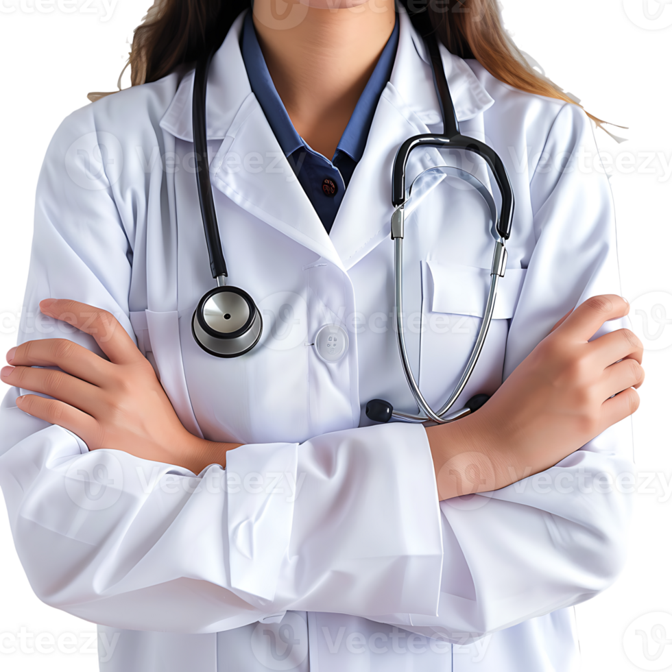 Doctor woman with stethoscope keeping the arms crossed on isolated transparent background png
