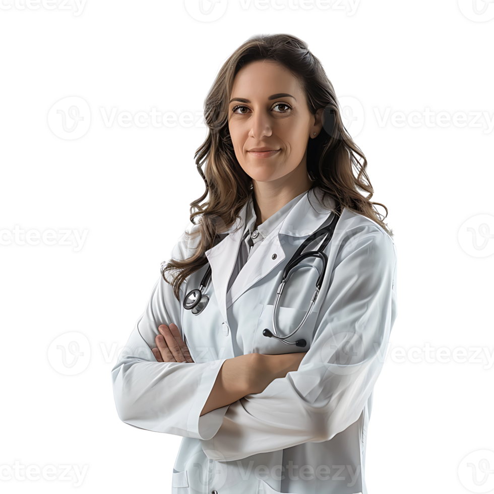 Doctor woman with stethoscope keeping the arms crossed on isolated transparent background png