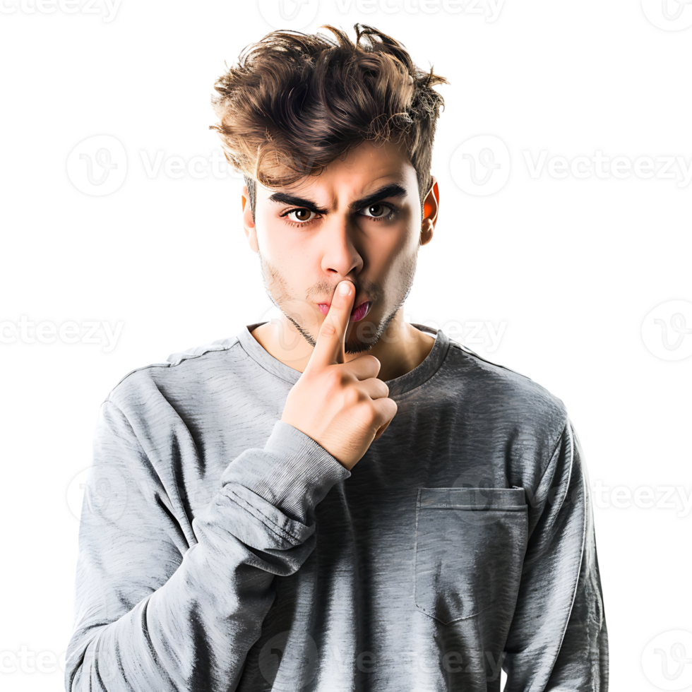 Angry young man asking for silence on isolated transparent background png