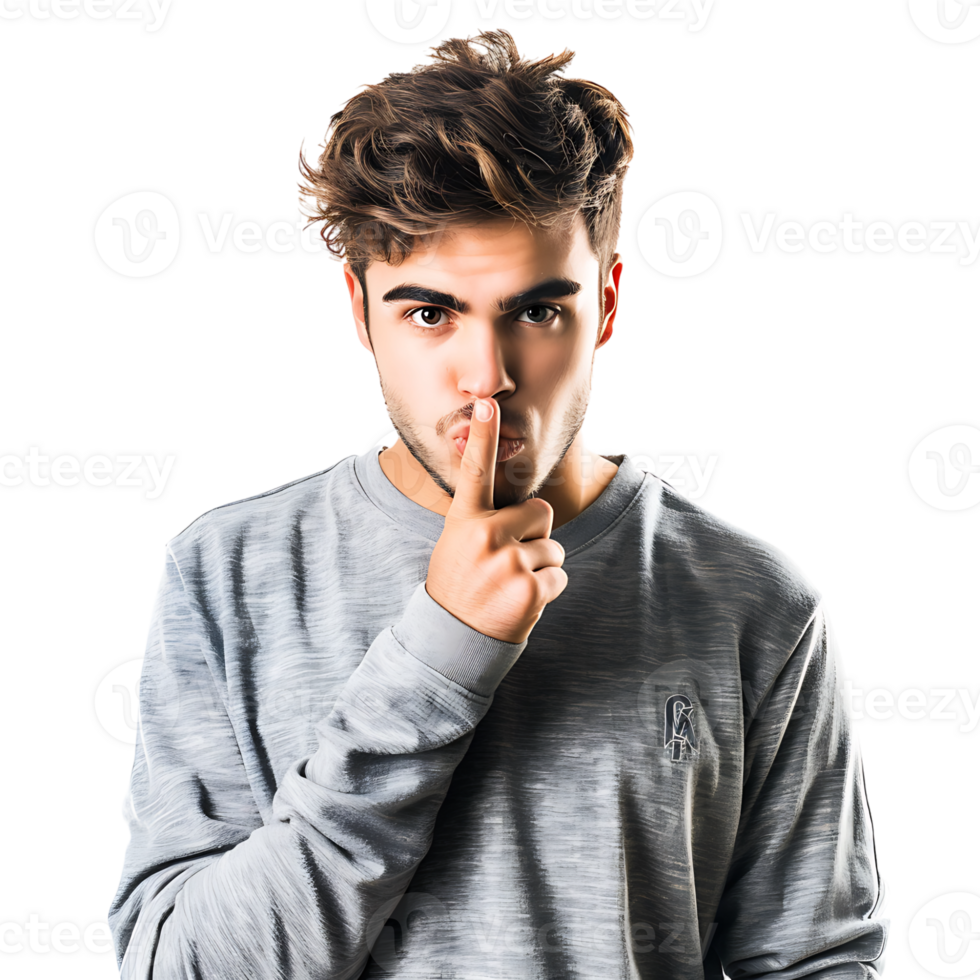 Angry young man asking for silence on isolated transparent background png