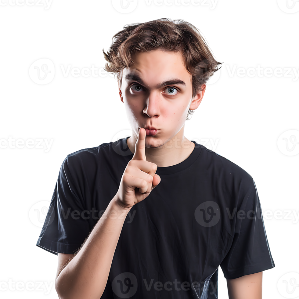 Angry young man asking for silence on isolated transparent background png