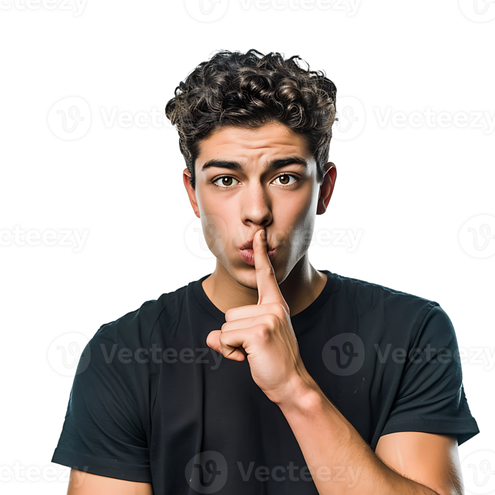 Angry young man asking for silence on isolated transparent background png