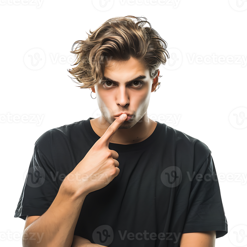 Angry young man asking for silence on isolated transparent background png