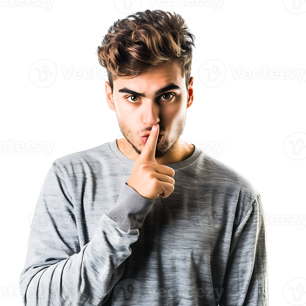 Angry young man asking for silence on isolated transparent background png