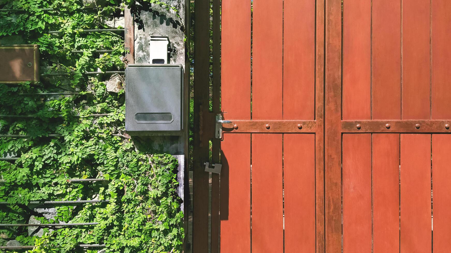 el antiguo de madera portón puerta con buzón y enredadera planta en hormigón pared de Clásico casa foto