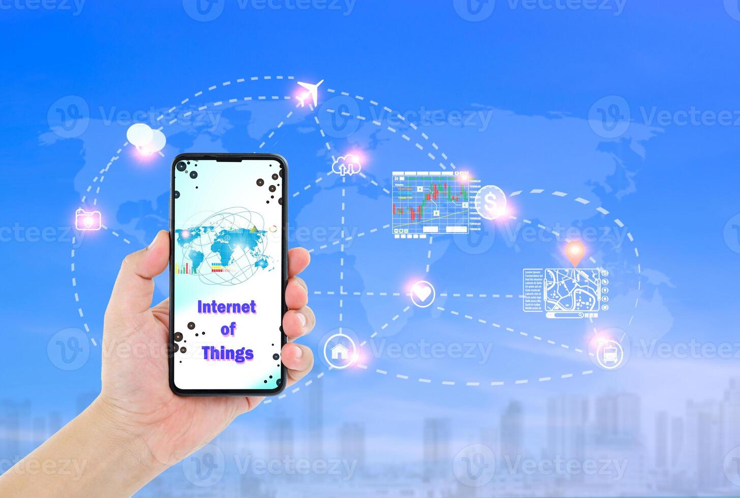 Man hand holding smartphone with Internet of things word on screen and icons connecting together, internet networking system concept photo