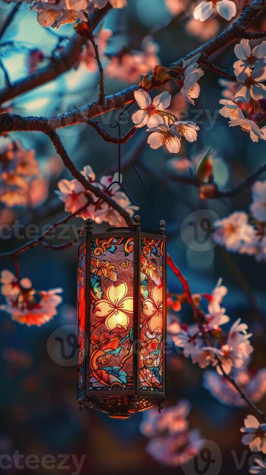 A lantern hangs on the branch of a cherry blossom tree photo