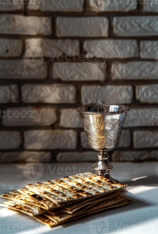 Matzah and a silver goblet on a white table, photo