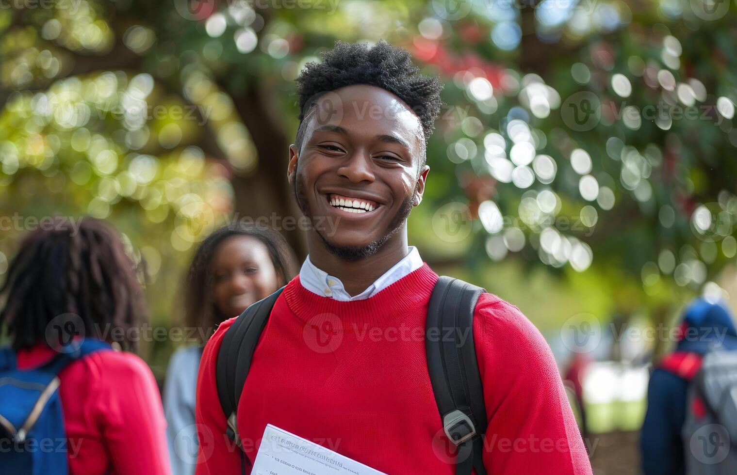 African American student holding books and smiling at the camera photo