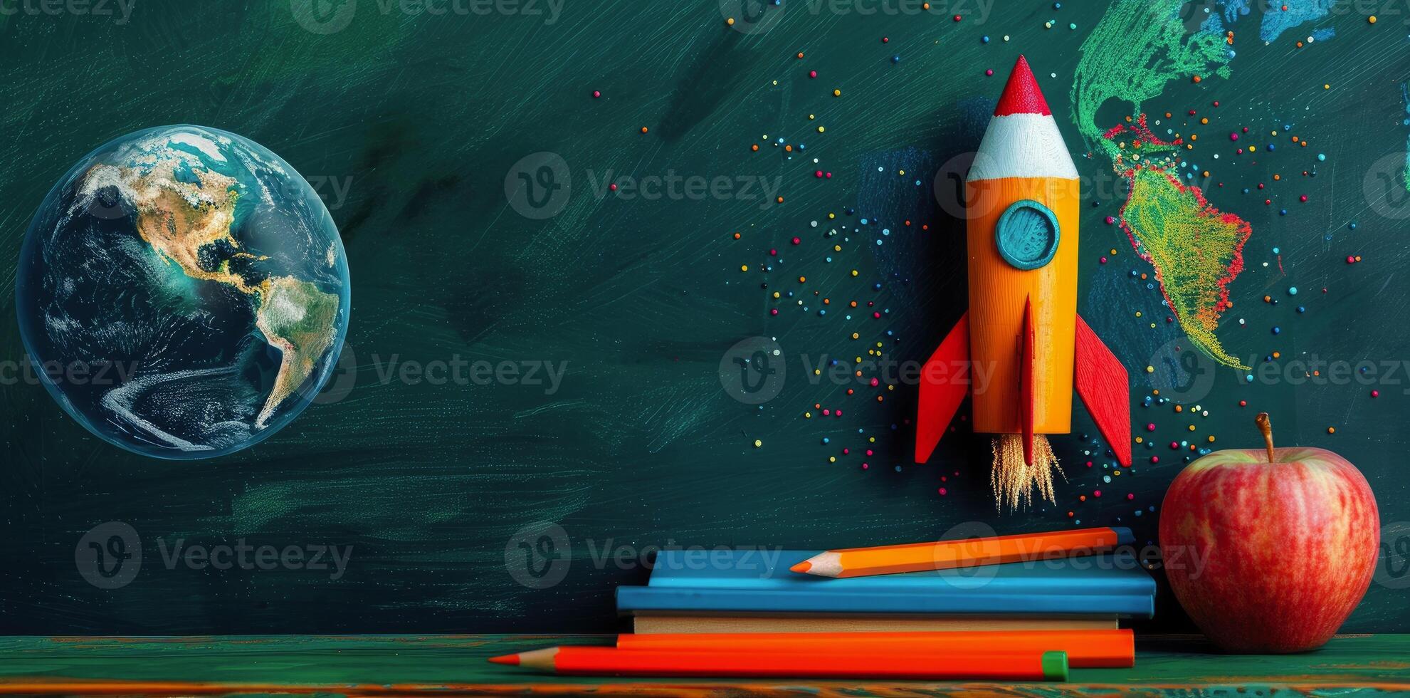 School rocket with color pencils and books on the table, green chalkboard background photo