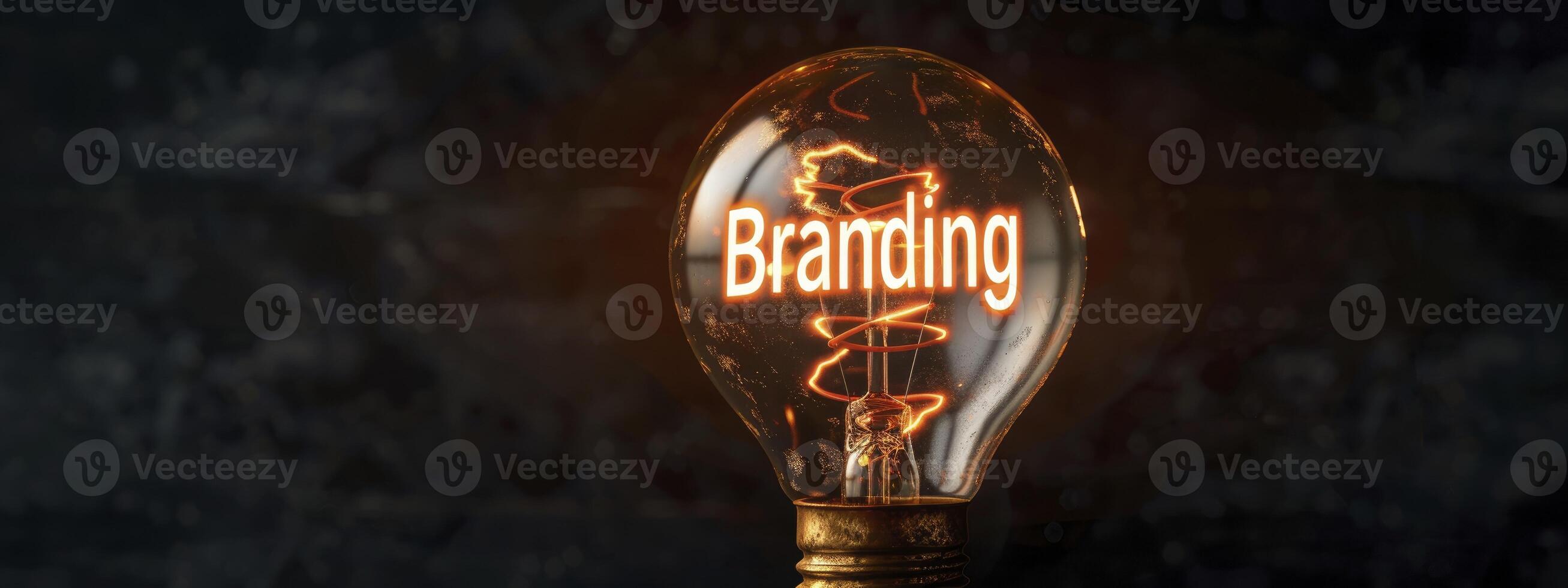 A light bulb with glowing wire forming the word Branding on a black background. photo