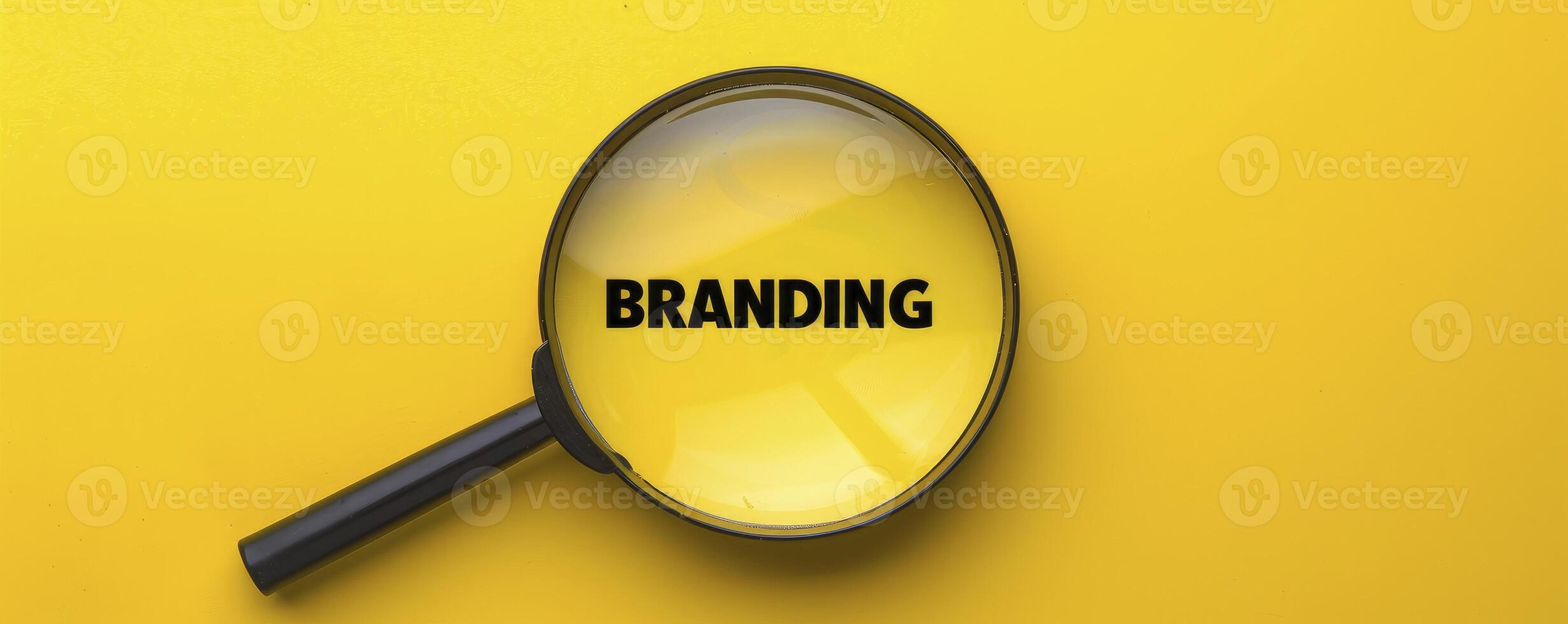 A magnifying glass over the word BRANDING on a yellow background photo