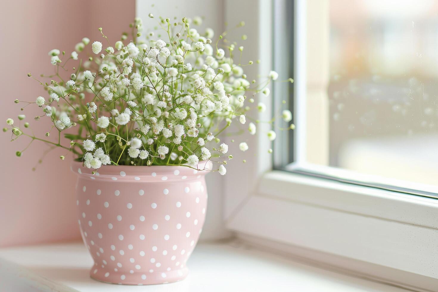 Pink and white polka dot flower pot with baby's breath flowers photo