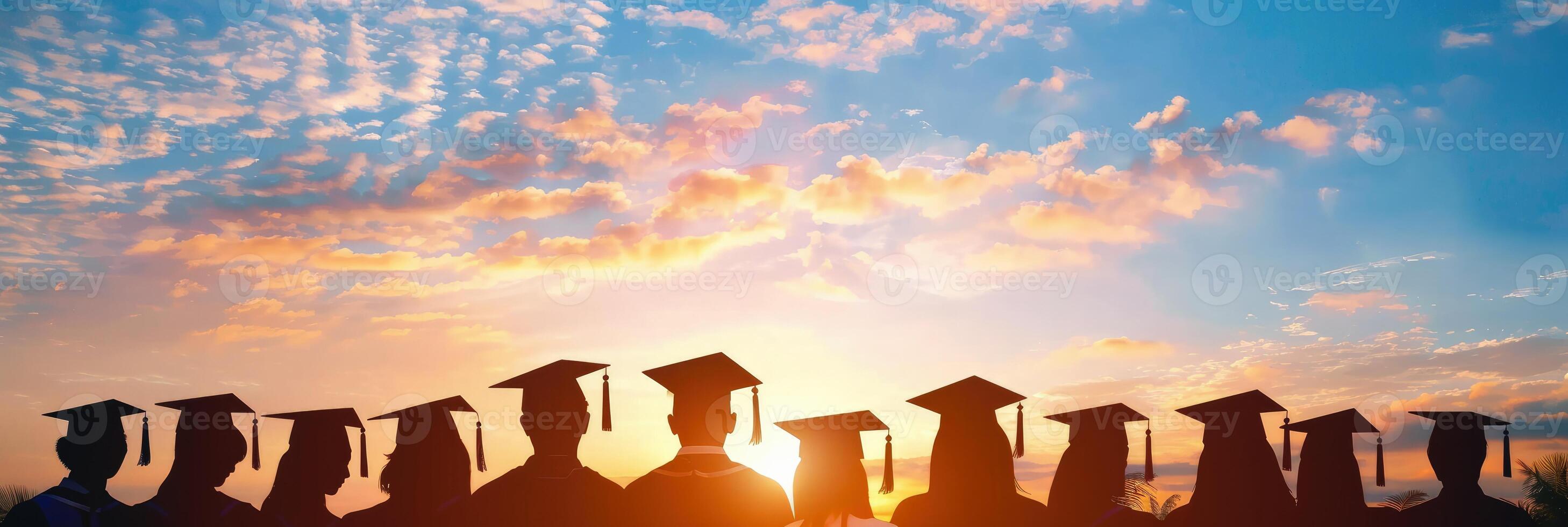 siluetas de estudiantes vistiendo graduación tapas en contra el cielo a puesta de sol foto