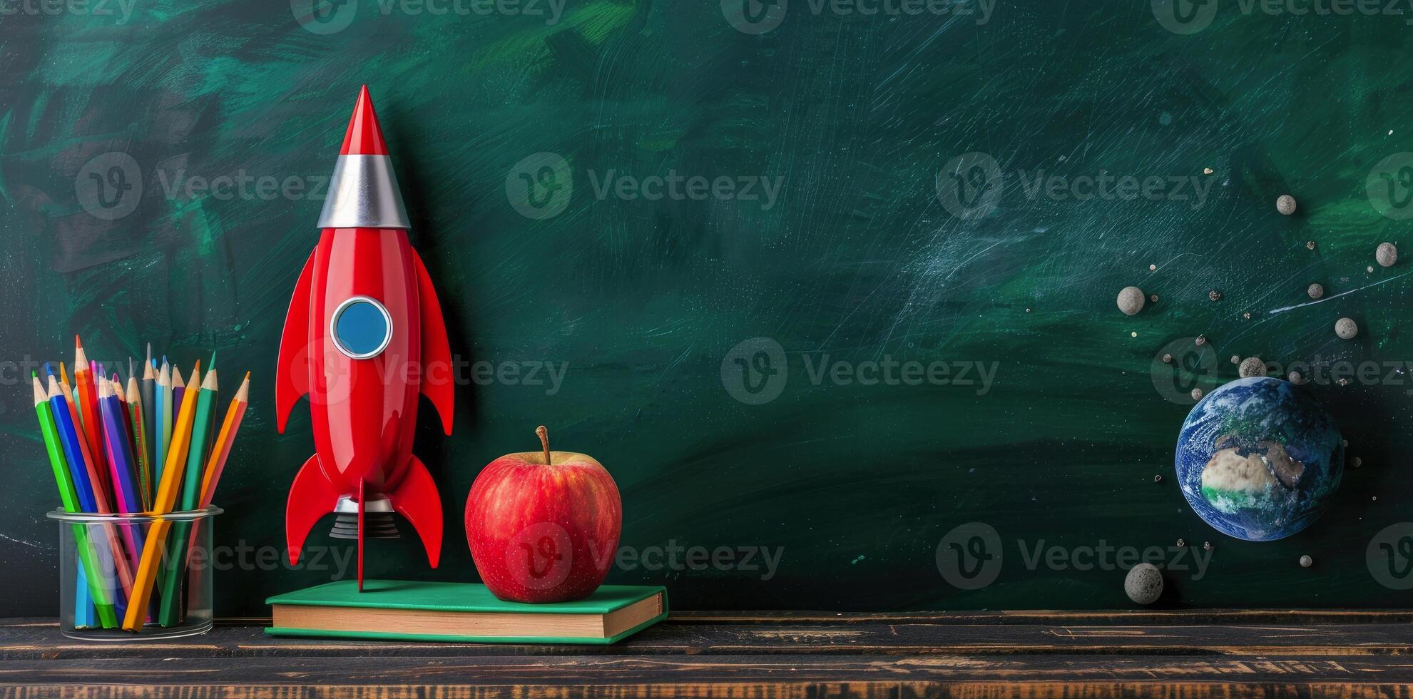 School rocket with color pencils and books on the table, green chalkboard background photo