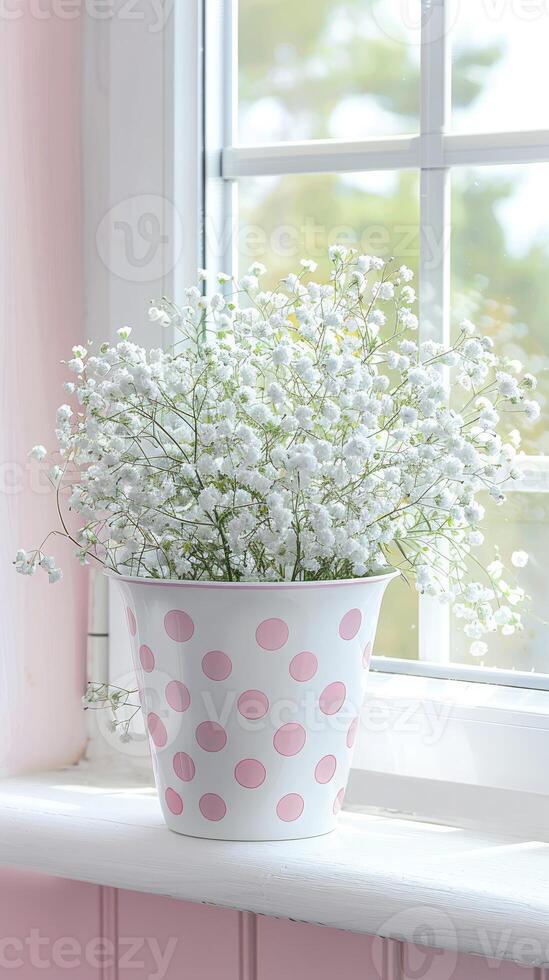 Pink and white polka dot flower pot with baby's breath flowers photo