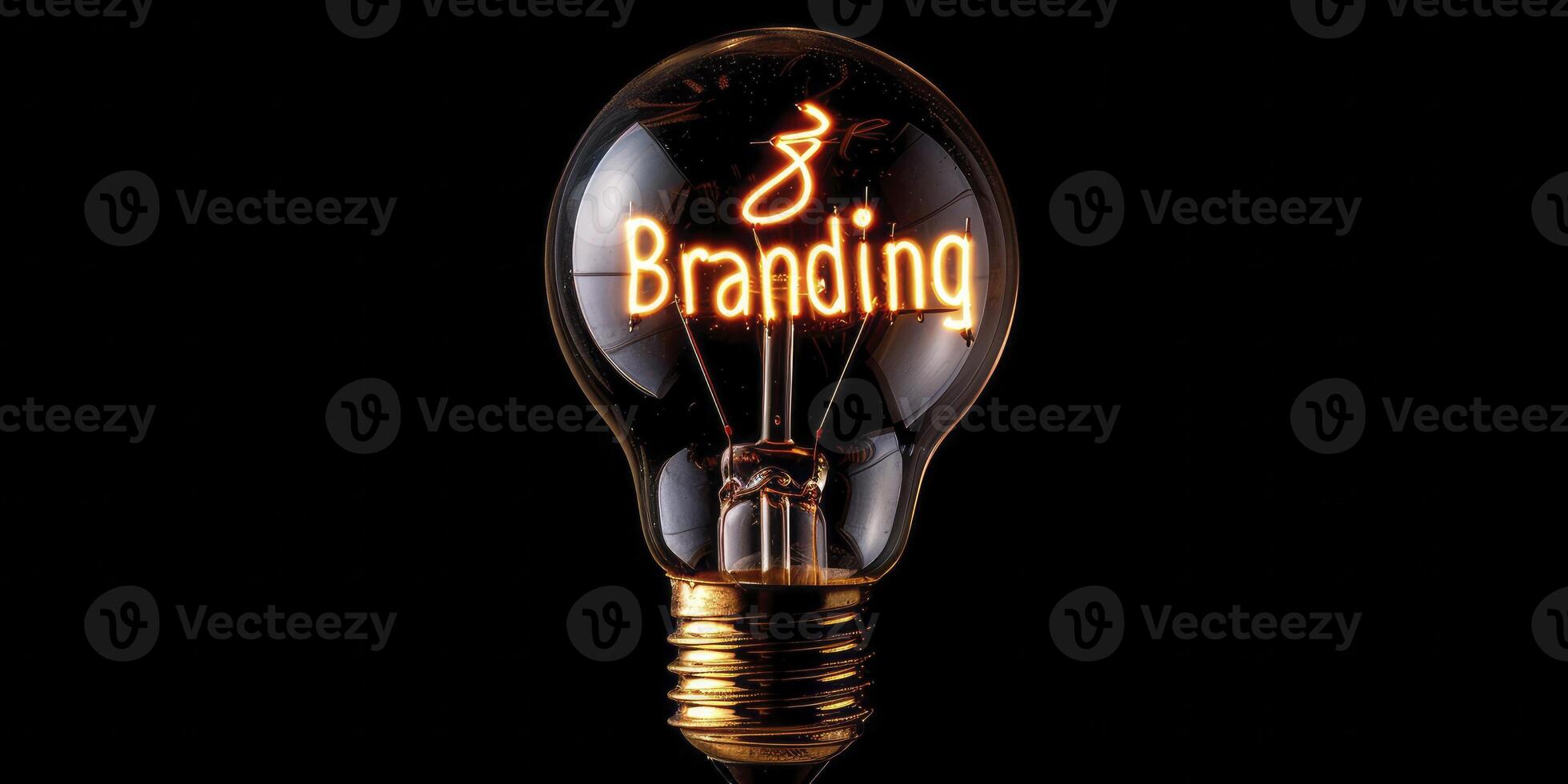 A light bulb with glowing wire forming the word Branding on a black background. photo