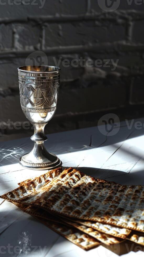 matzá y un plata copa en un blanco mesa, foto