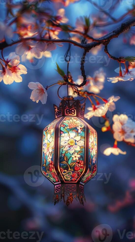 A lantern hangs on the branch of a cherry blossom tree photo