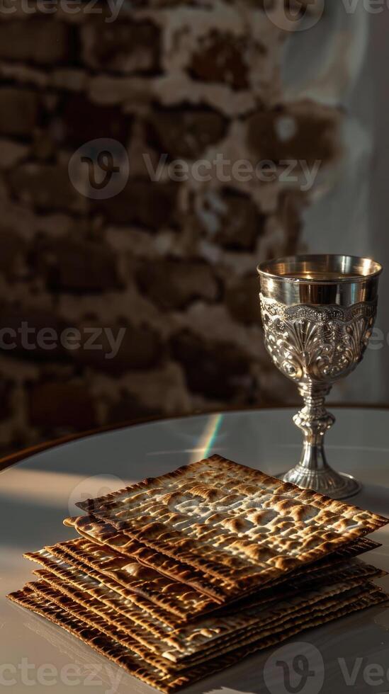 Matzah and a silver goblet on a white table, photo