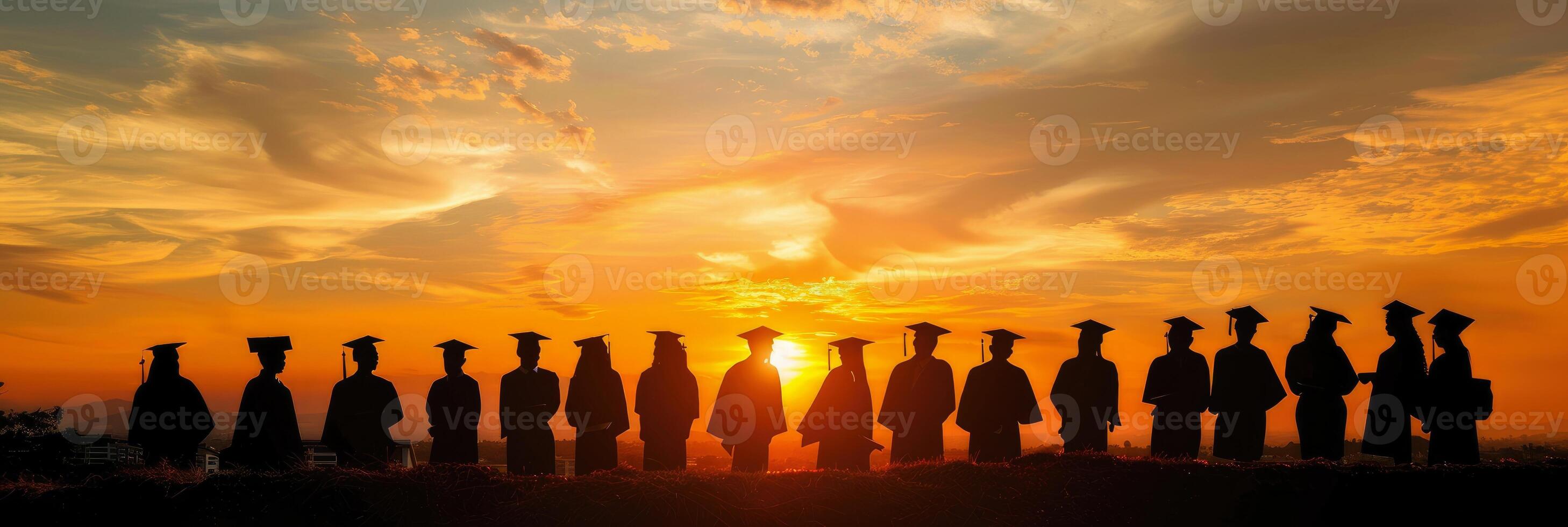 Silhouettes of students wearing graduation caps against the sky at sunset photo