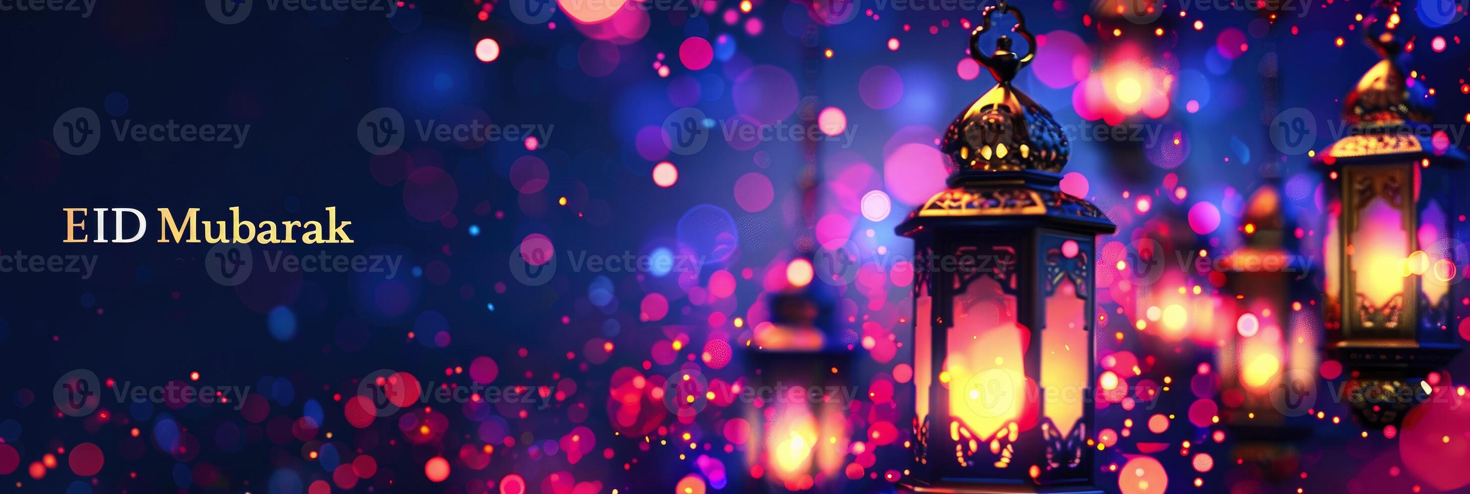 Eid mubarak and ramadan kareem greetings with Islamic lanterns and bokeh background photo