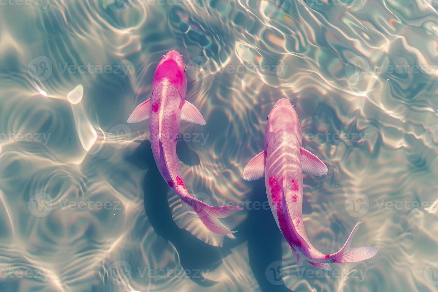 Two pink koi fish, swimming in clear water photo