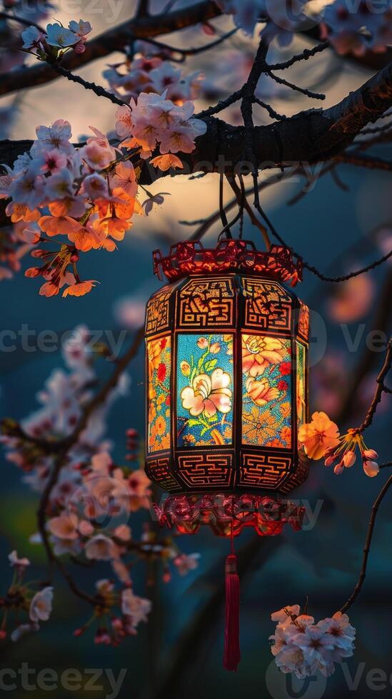 A lantern hangs on the branch of a cherry blossom tree photo