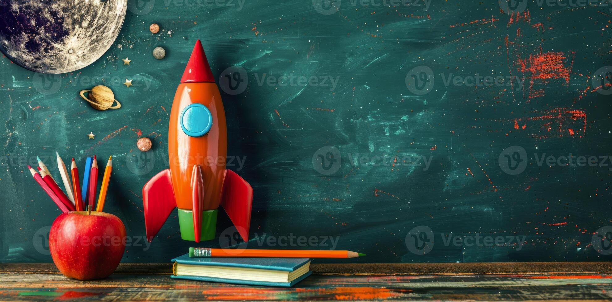School rocket with color pencils and books on the table, green chalkboard background photo