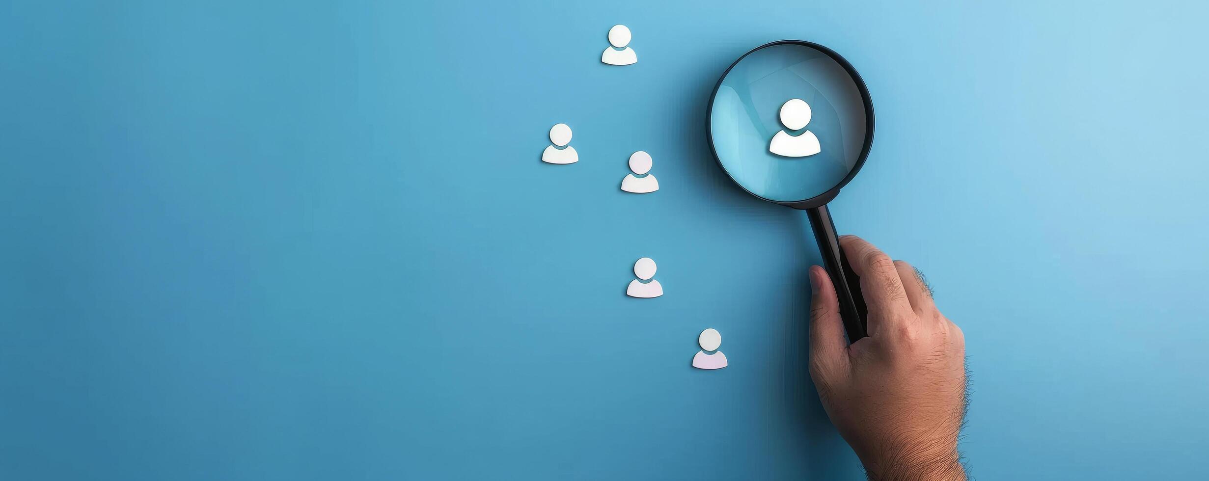 A hand holding magnifying glass over target and people icon on blue background, focusing or choosing the right person for business development photo