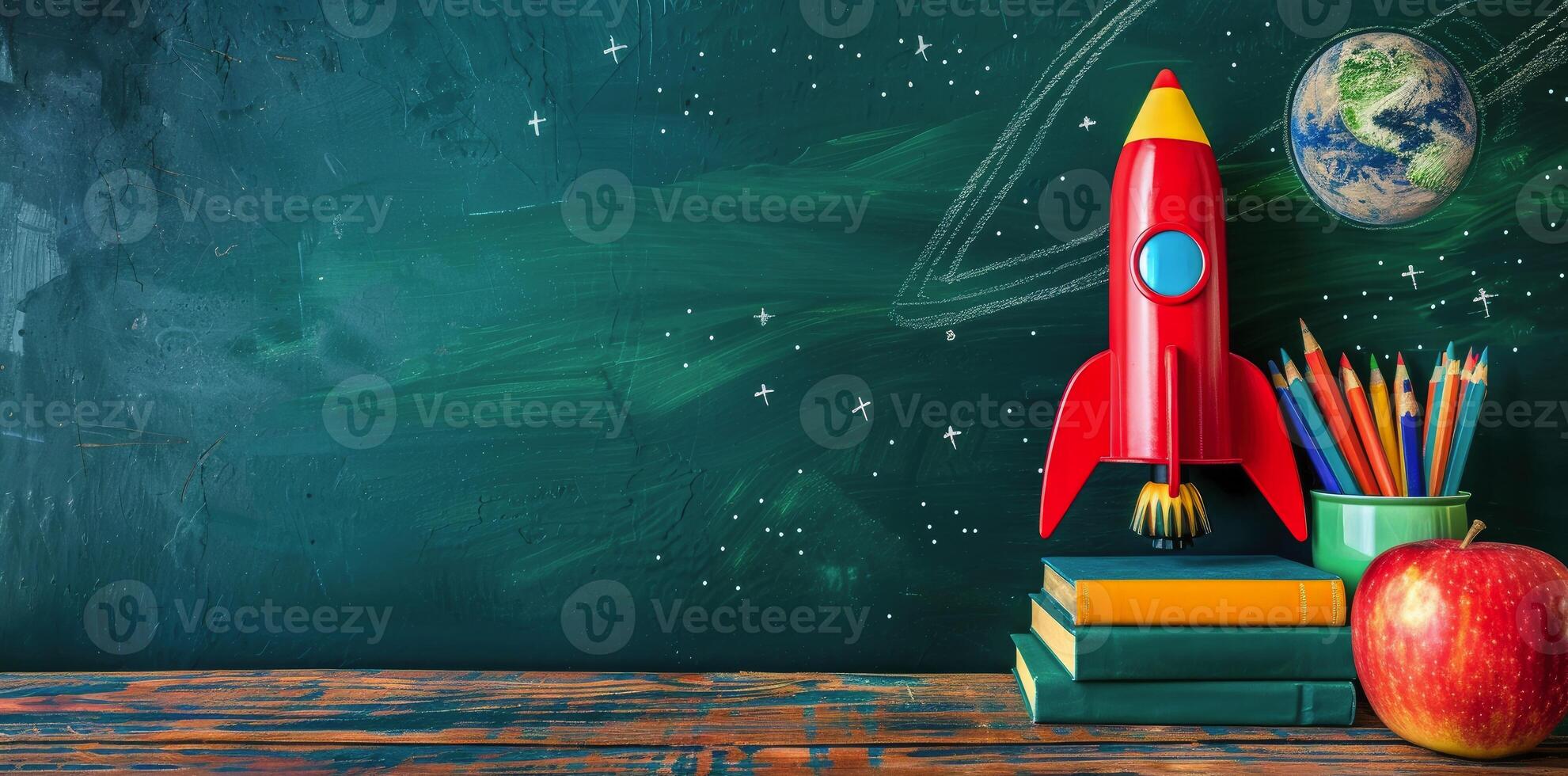 School rocket with color pencils and books on the table, green chalkboard background photo