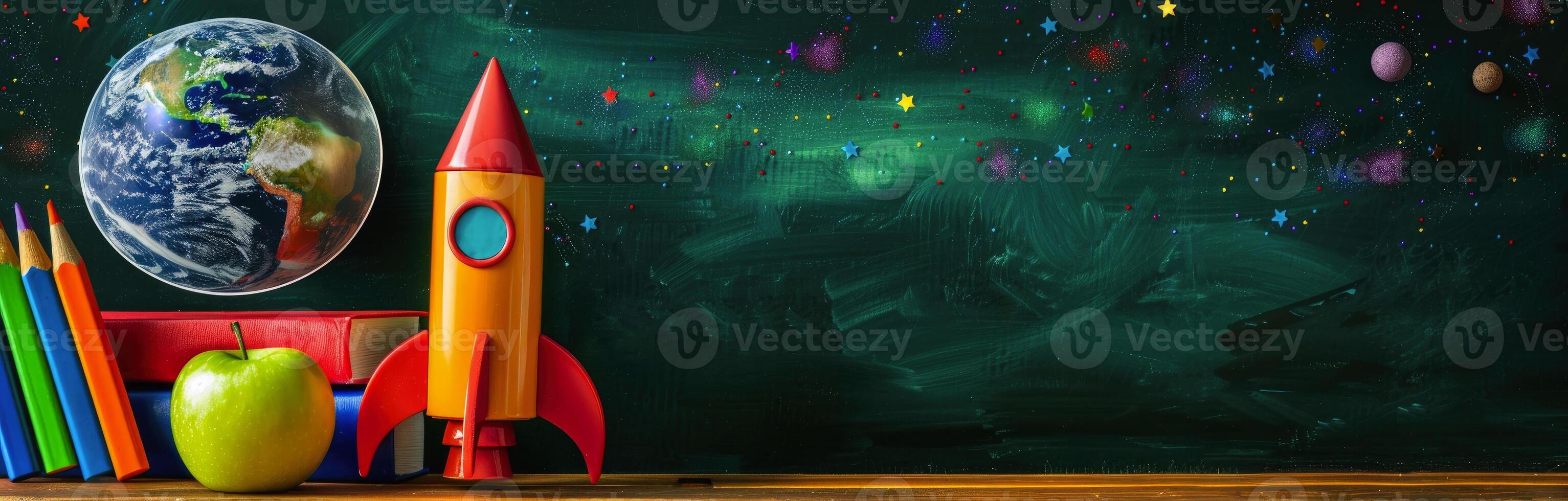 School rocket with color pencils and books on the table, green chalkboard background photo