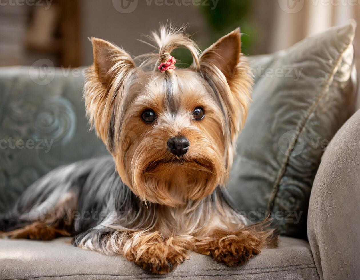 Portrait of a yorkshire terrier lying on the sofa photo