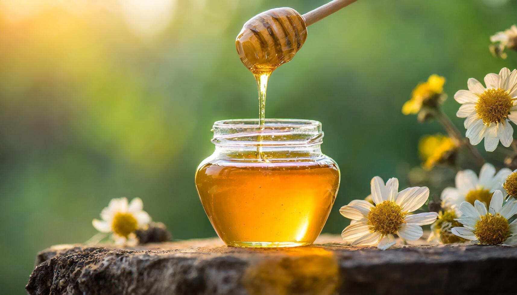 Honey dripping from a honey dipper with nature background photo