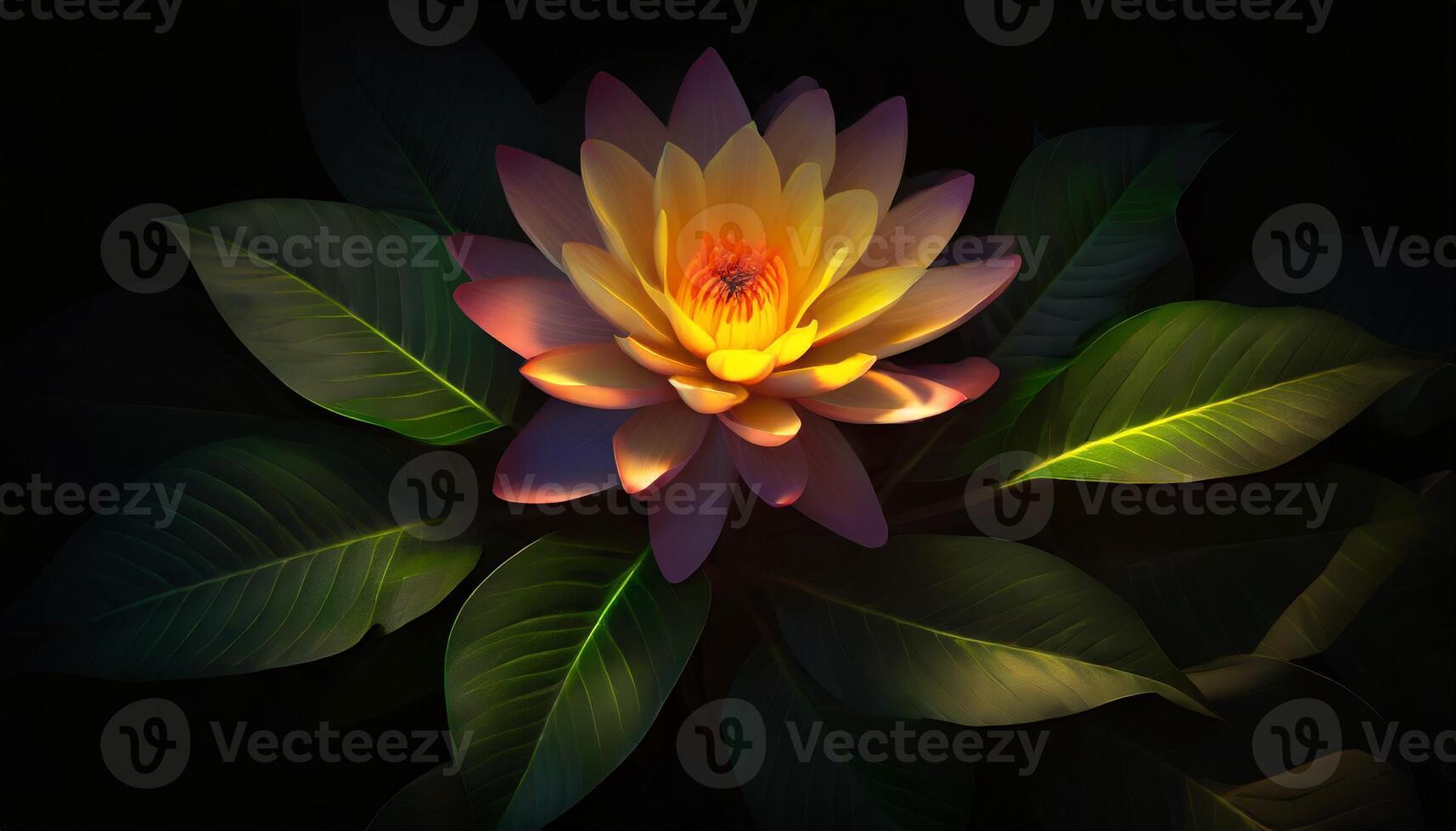 Vibrant pink and yellow flower with leaves in low light photo
