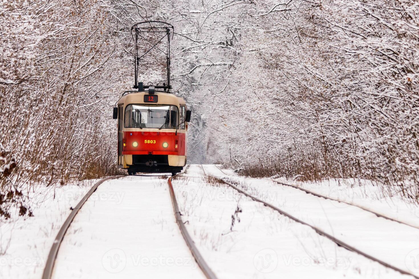 un viejo tranvía moviéndose a través de un bosque de invierno foto